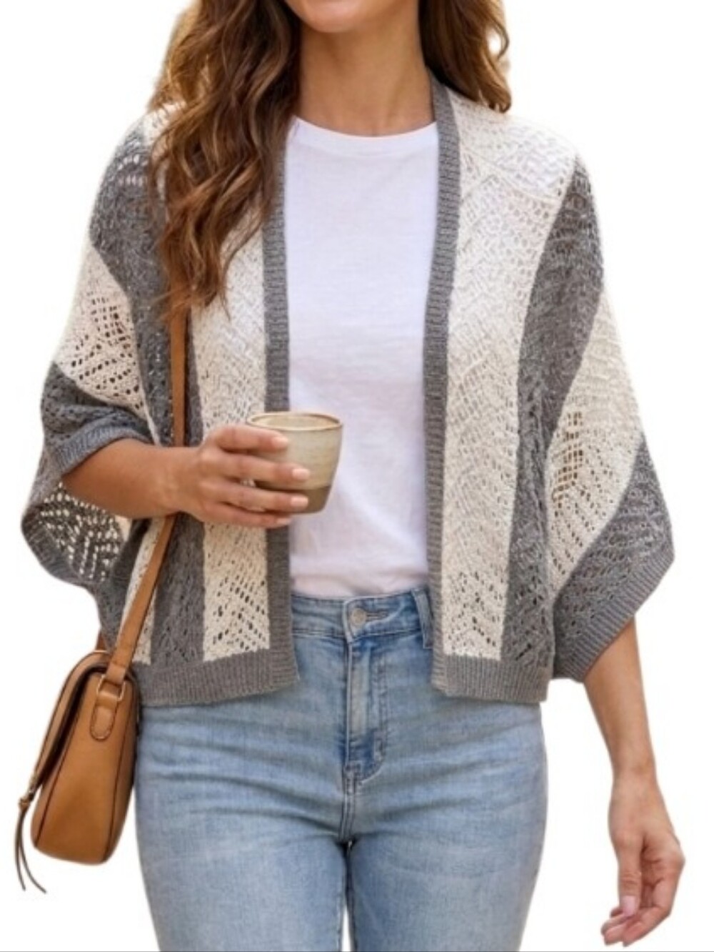 Gray and White Striped Crochet Poncho Sweater Shrug with Dolman Sleeves